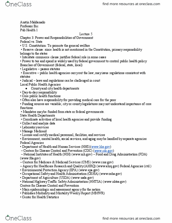 PUBHLTH 1 Lecture Notes - Lecture 5: National Highway Traffic Safety Administration, Commerce Clause, Agency For Healthcare Research And Quality thumbnail