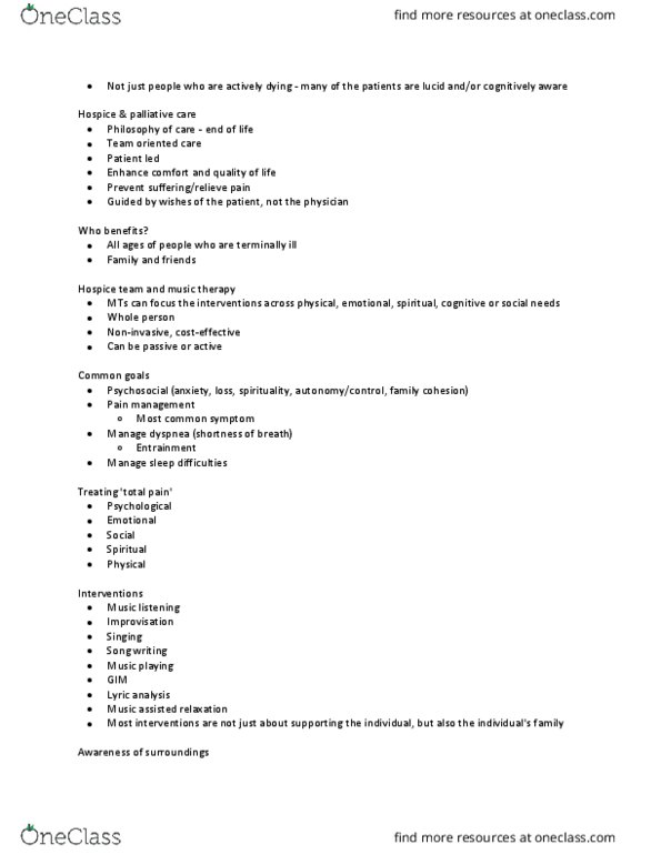 MUSIC 2MT3 Lecture Notes - Lecture 11: Palliative Care, Music Therapy, Pain Management thumbnail