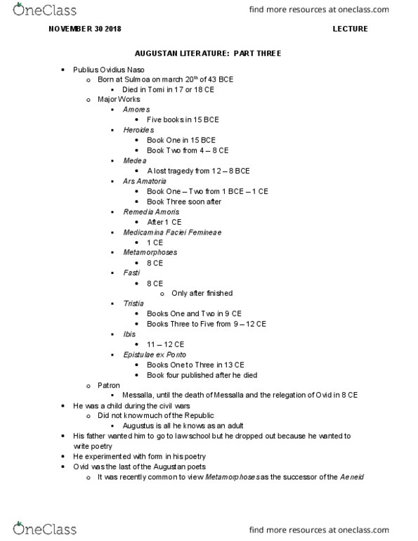 Classical Studies 3151F/G Lecture Notes - Lecture 37: Ovid, Remedia Amoris, Ars Amatoria thumbnail