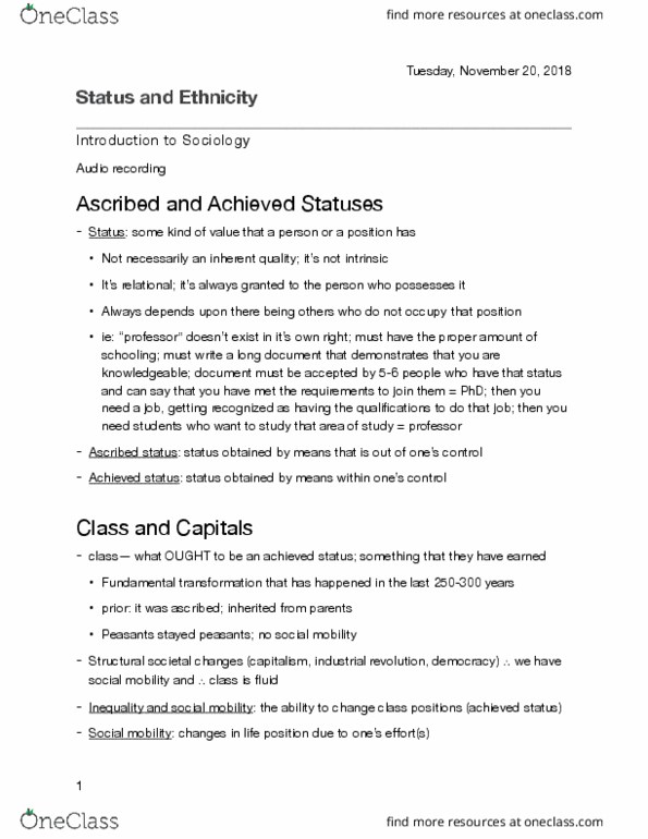 Sociology 1020 Lecture Notes - Lecture 9: Ascribed Status, Achieved Status, Social Mobility thumbnail