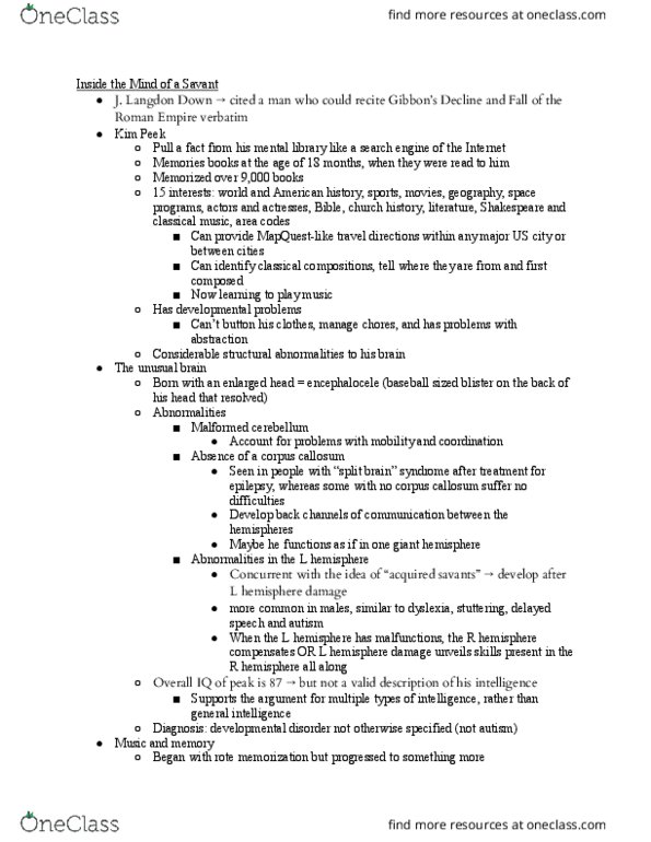 PSYC3338 Chapter Notes - Chapter NA: Kim Peek, Encephalocele, Developmental Disorder thumbnail