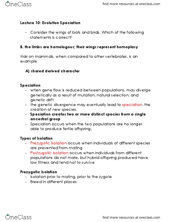 BIOA01H3 Lecture Notes - Lecture 10: Genetic Drift, Zygote, Sympatry thumbnail