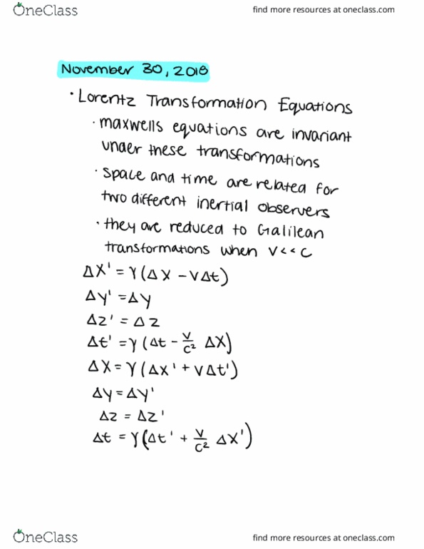 Physics 1250 Lecture 45 Lorentz Velocity Transformations Oneclass