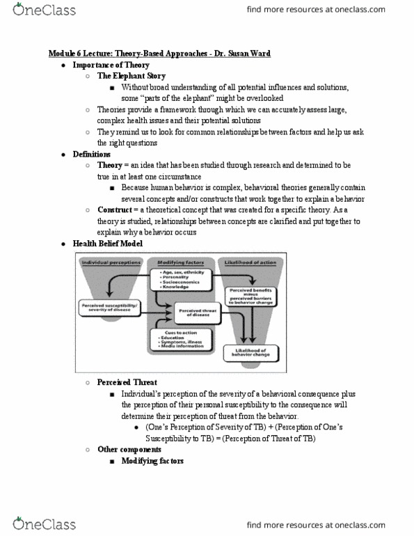 HLTH 410 Lecture Notes - Lecture 7: Health Belief Model, Susan Ward thumbnail