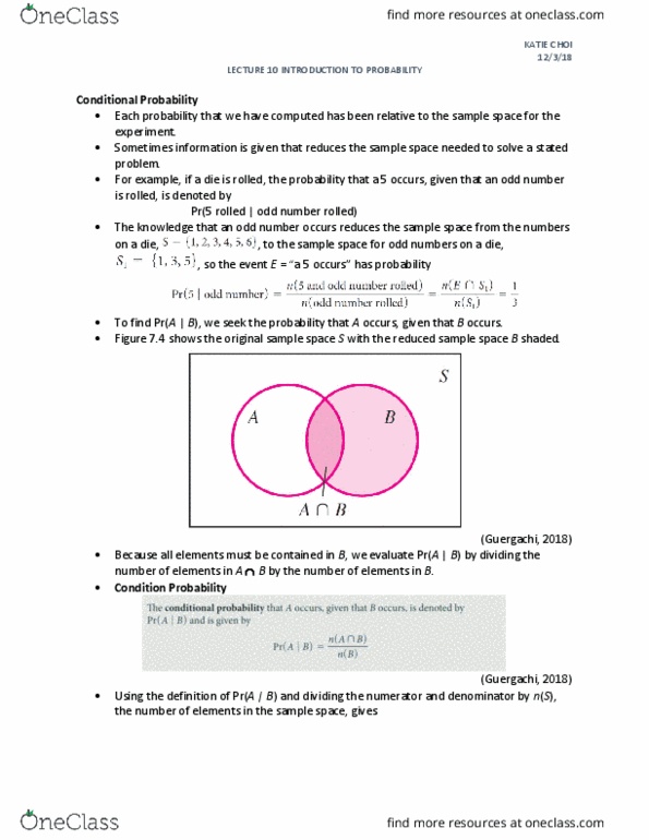 ITM 107 Lecture Notes - Lecture 13: Sample Space, Conditional Probability, Product Rule cover image
