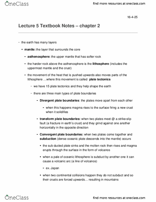 EESA01H3 Chapter Notes - Chapter 2: Oceanic Crust, Volcanic Arc, Subduction thumbnail