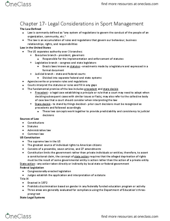 Kinesiology 2298A/B Lecture Notes - Lecture 10: Precedent, List Of Amendments To The United States Constitution, Branch President thumbnail