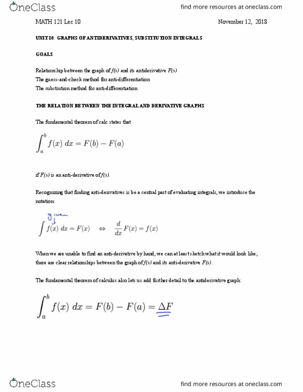 MATH 121 Lecture Notes - Lecture 10: Antiderivative, Unit cover image
