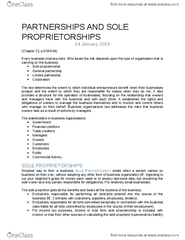 MGSC30H3 Chapter Notes -Sole Proprietorship, Limited Partnership, General Partnership thumbnail