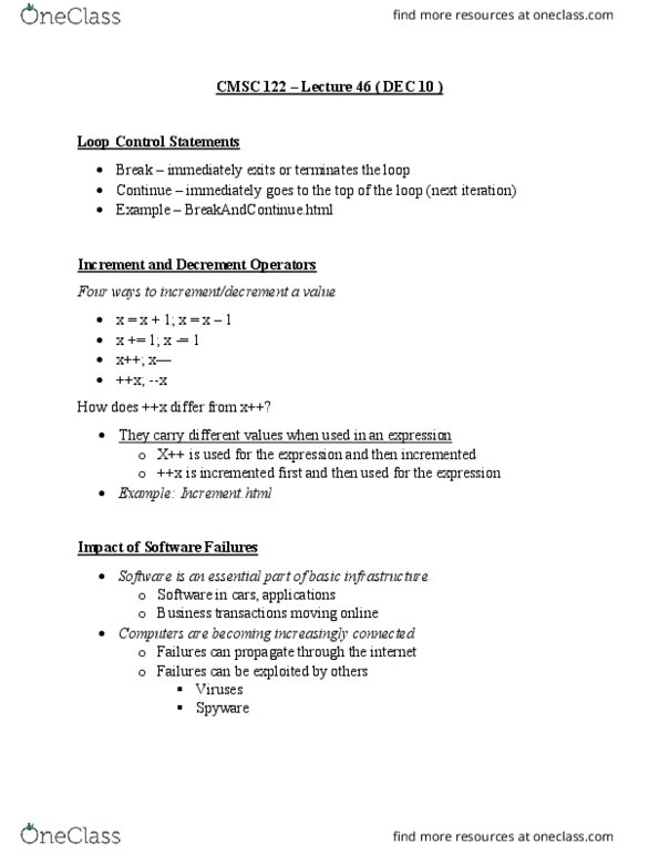 CMSC 122 Lecture Notes - Lecture 46: Increment And Decrement Operators, Microsoft Dynamics Ax cover image