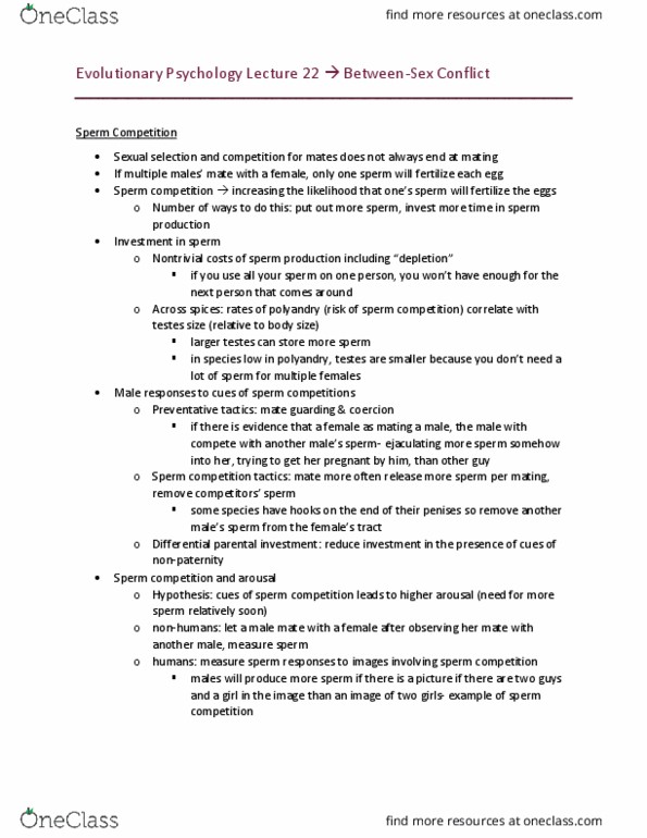 PSYC 3100 Lecture Notes - Lecture 22: Sperm Competition, Parental Investment, Sexual Selection thumbnail