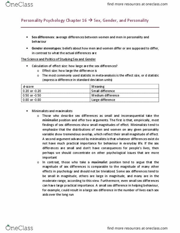 PSYC 2740 Chapter Notes - Chapter 16: Minimum Programme, Effect Size, Gender Role thumbnail