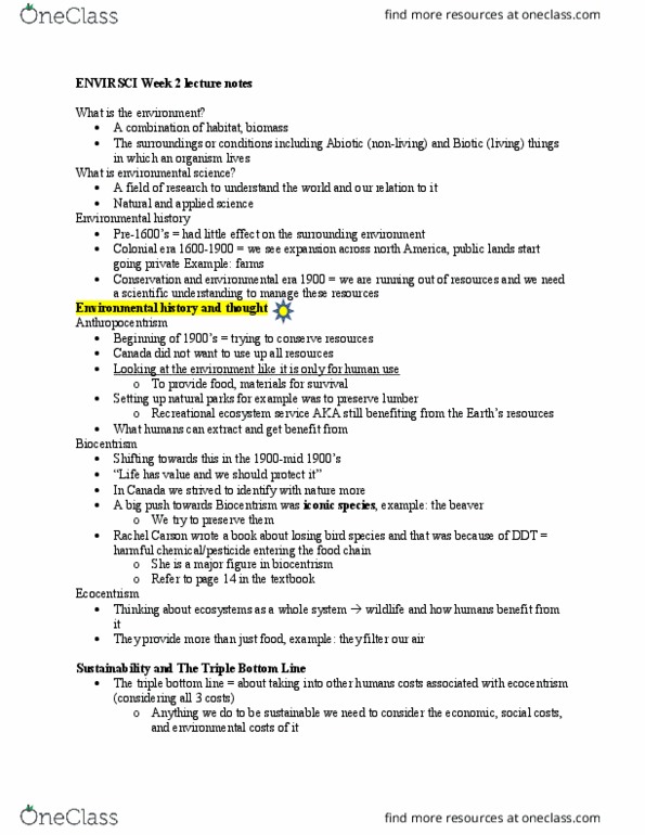 Environmental Science 1021F/G Lecture Notes - Lecture 2: Triple Bottom Line, Rachel Carson, Environmental History thumbnail