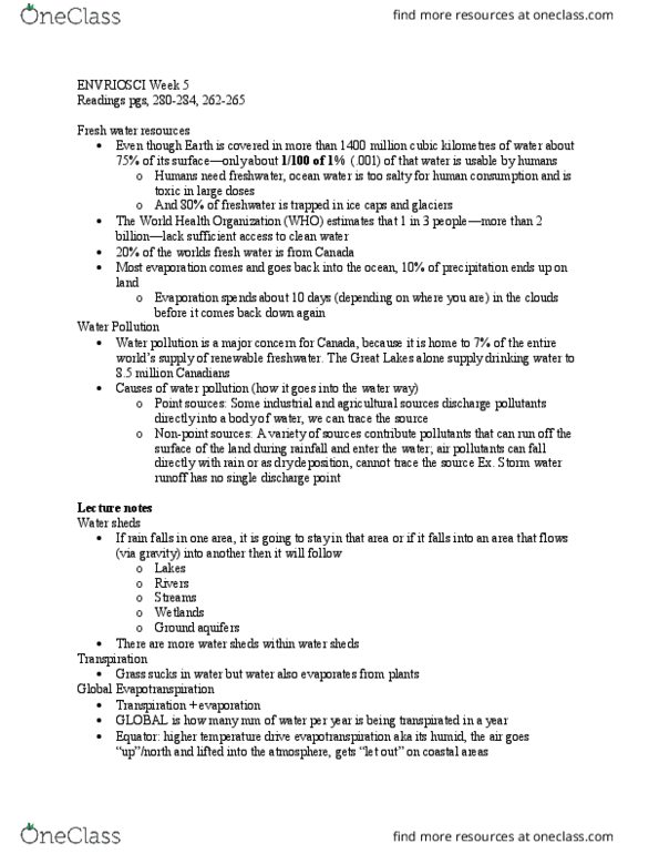 Environmental Science 1021F/G Lecture Notes - Lecture 5: World Health Organization, Nonpoint Source Pollution, Evapotranspiration thumbnail