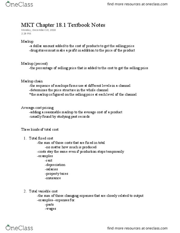 MKT 305 Chapter Notes - Chapter 18.1: Average Variable Cost, Fixed Cost, Variable Cost thumbnail