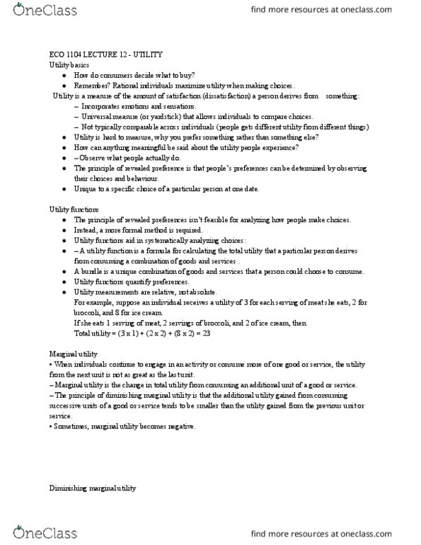 ECO 1104 Lecture Notes - Lecture 12: Marginal Utility, Revealed Preference, Utility thumbnail