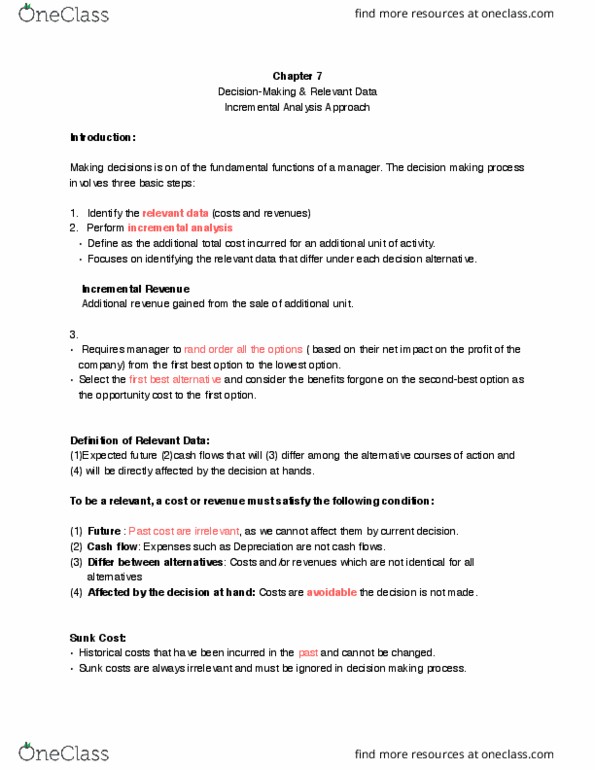 COMMERCE 2AB3 Chapter Notes - Chapter 7: Sunk Costs, Net Impact, Marginal Cost thumbnail