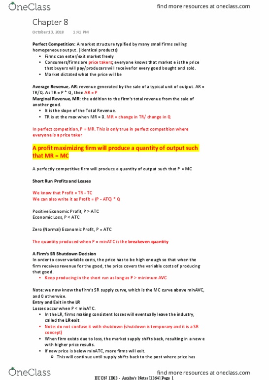 ECON 1B03 Chapter Notes - Chapter 8: Perfect Competition, Market Power, Marginal Revenue thumbnail