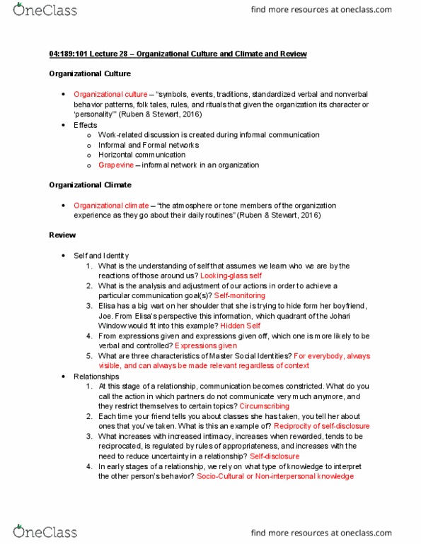 04:189:101 Lecture Notes - Lecture 28: Organisation Climate, Organizational Communication, Organizational Culture thumbnail