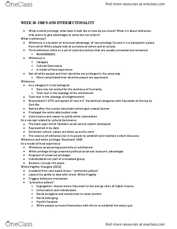 SOCWORK 1A06 Lecture Notes - Lecture 10: White Privilege, Iec 27001, Intersectionality thumbnail