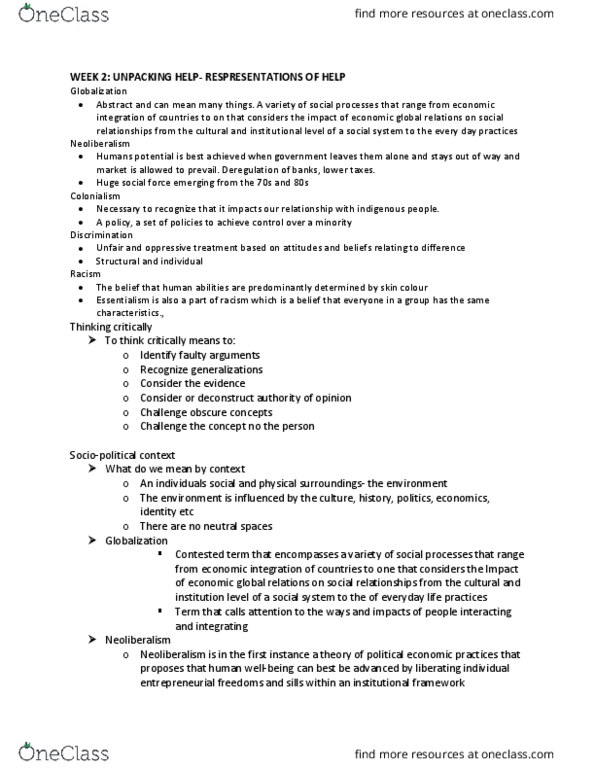 SOCWORK 1A06 Lecture Notes - Lecture 2: Neoliberalism, Essentialism, Determinative thumbnail