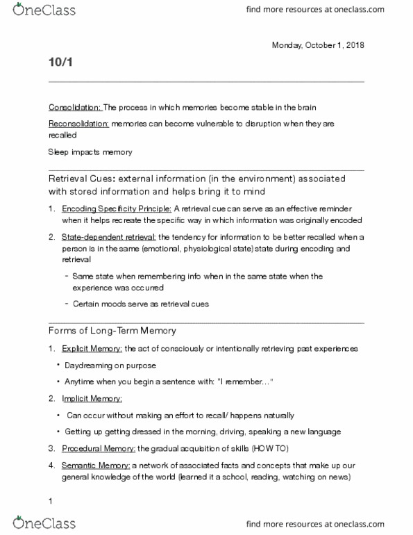 PSY 12000 Lecture Notes - Lecture 3: Episodic Memory thumbnail