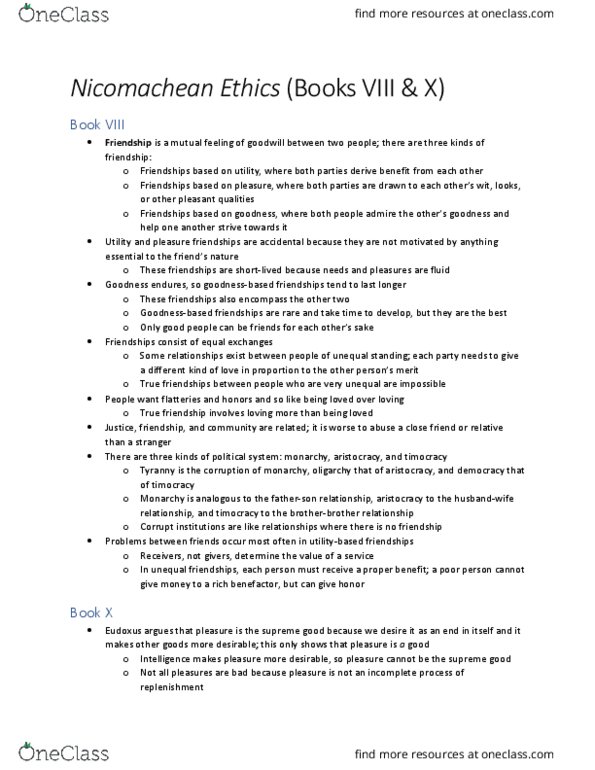 GVPT 241 Chapter Notes - Chapter Nicomachean Ethics Books VIII & X: Timocracy, Eudoxus Of Cnidus thumbnail