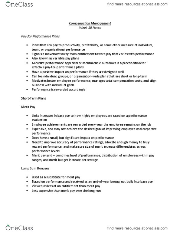 MHR 749 Lecture Notes - Lecture 9: Merit Pay, Performance Appraisal, Longrun thumbnail