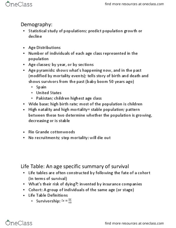 BIOL 290 Lecture Notes - Lecture 15: Life Table, Demographic Transition, Survivorship Curve thumbnail