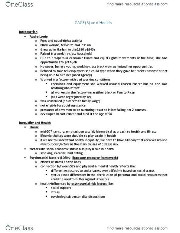 SOC260 Chapter Notes - Chapter 11: Audre Lorde, Health Equity, European Canadian thumbnail