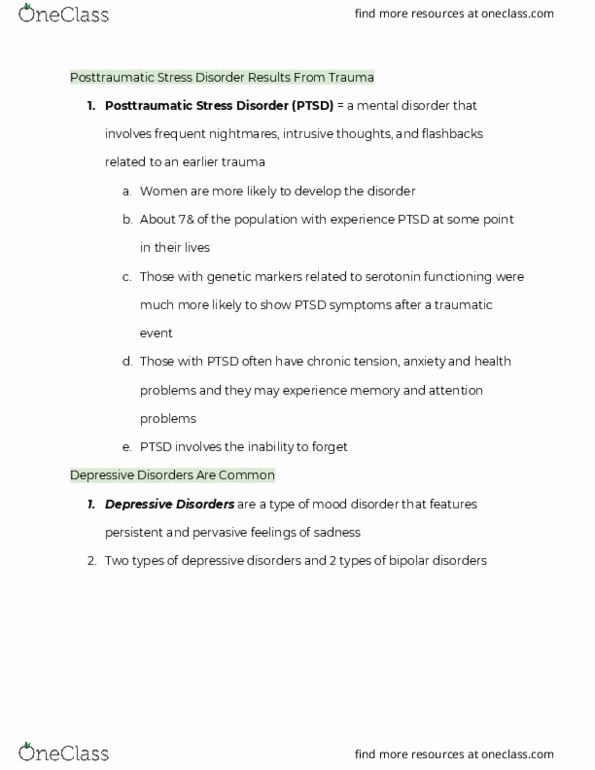 PSYCH 101 Lecture Notes - Lecture 60: Posttraumatic Stress Disorder, Mood Disorder, Mental Disorder thumbnail
