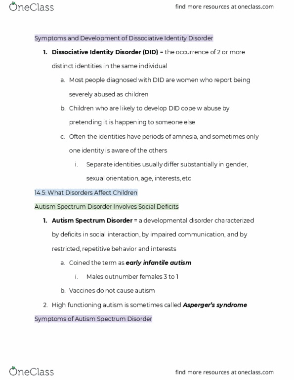 PSYCH 101 Lecture Notes - Lecture 67: Autism Spectrum, Dissociative Identity Disorder, Developmental Disorder thumbnail