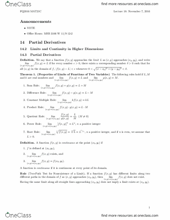 MAT 21C Lecture Notes - Lecture 18: Partial Derivative, Quotient Rule, Power Rule thumbnail