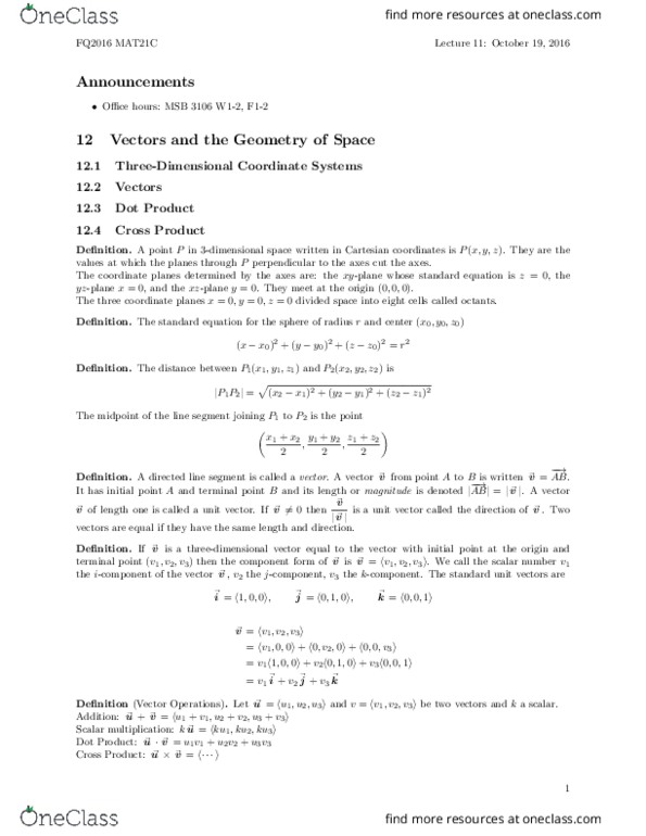 MAT 21C Lecture Notes - Lecture 11: Cartesian Coordinate System, Scalar Multiplication, Unit Vector thumbnail
