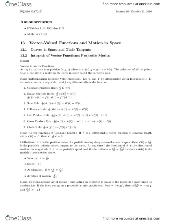 MAT 21C Lecture Notes - Lecture 16: Projectile Motion, Product Rule thumbnail