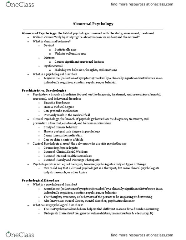 L33 Psych 100B Lecture Notes - Lecture 15: List Of Credentials In Psychology, Clinical Psychology, Mental Disorder thumbnail