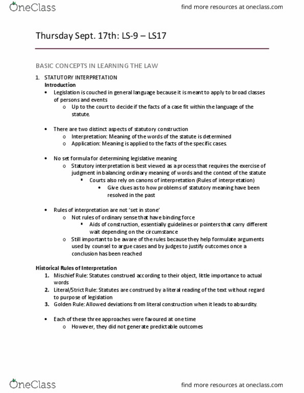 Law 2101 Chapter Notes - Chapter 2: Statutory Interpretation, Mischief Rule, Glanville Williams thumbnail