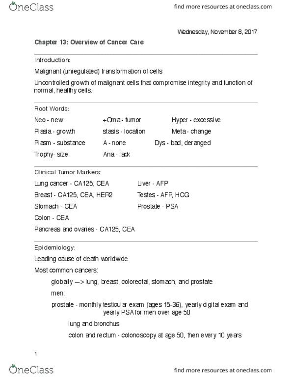 NSG 3325 Lecture Notes - Lecture 13: Ca-125, Testicular Cancer, Lung Cancer thumbnail