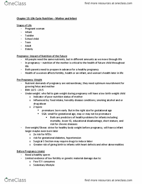 Foods and Nutrition 1021 Chapter Notes - Chapter 13: Gestational Hypertension, Gestational Diabetes, Gestational Age thumbnail