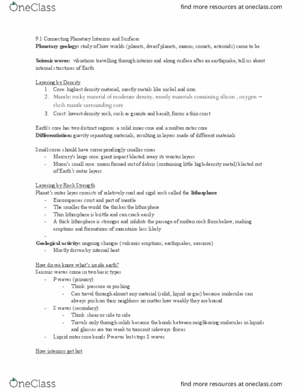 AST101H1 Chapter Notes - Chapter 9: Planetary Geology, Seismic Wave, Outer Core thumbnail