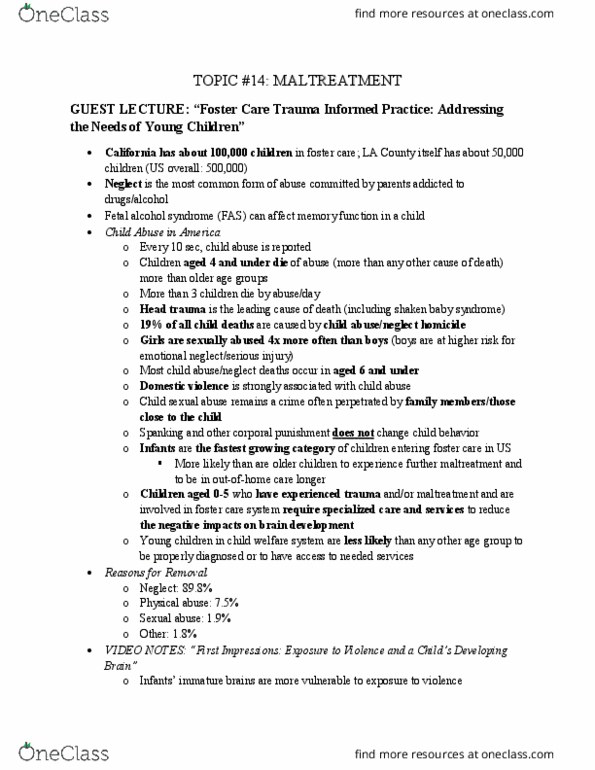 HDE 100A Lecture Notes - Lecture 14: Fetal Alcohol Spectrum Disorder, Head Injury, Physical Abuse thumbnail