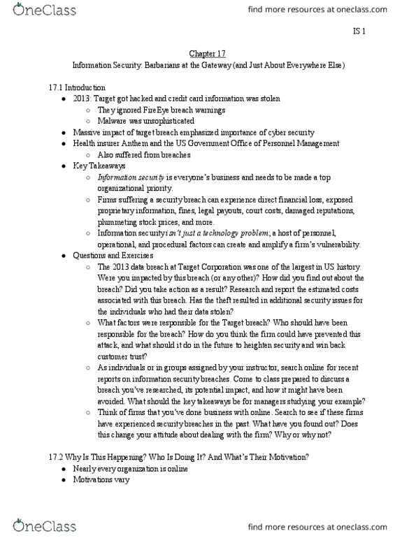 MIS 301 Chapter Notes - Chapter 17: Information Security, Fireeye, Target Corporation thumbnail