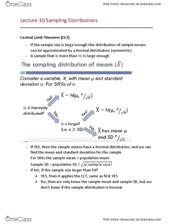 Statistical Sciences 2244A/B Lecture Notes - Lecture 10: Central Limit Theorem, Sampling Distribution, Standard Deviation thumbnail