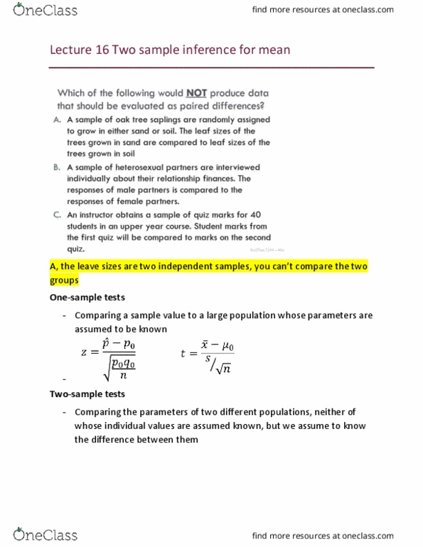 Statistical Sciences 2244A/B Lecture Notes - Lecture 16: Standard Error, Null Hypothesis, Sampling Distribution thumbnail