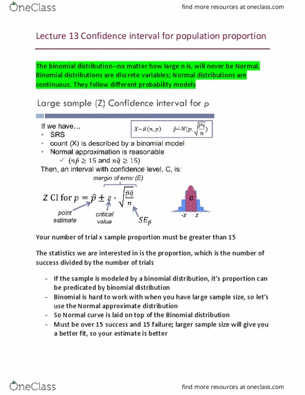 Statistical Sciences 2244A/B Lecture Notes - Lecture 13: Binomial Distribution, Confidence Interval, Sampling Distribution thumbnail