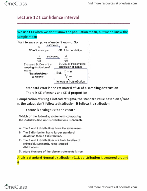 Statistical Sciences 2244A/B Lecture Notes - Lecture 12: Confidence Interval, Sampling Distribution, Standard Error thumbnail