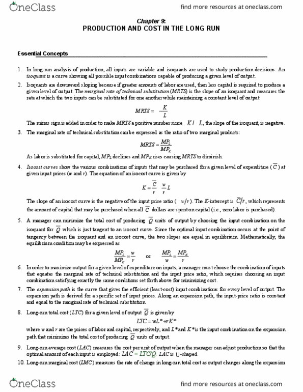 MGE 302 Lecture Notes - Lecture 9: Isocost, Isoquant, Marginal Cost thumbnail