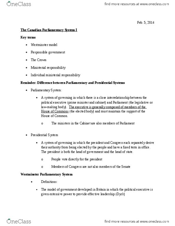 POL 2101 Lecture Notes - Lecture 8: Individual Ministerial Responsibility, Westminster System, Responsible Government thumbnail