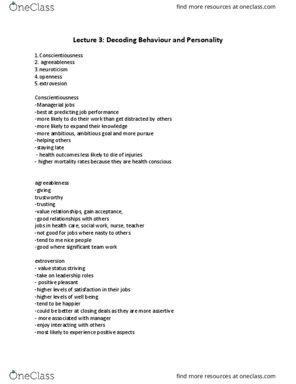 BUSI 2101 Lecture Notes - Lecture 3: Agreeableness, Conscientiousness, Job Performance thumbnail