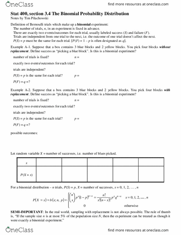 STAT 400 Lecture Notes - Lecture 1: Binomial Distribution, Bernoulli Trial, Random Variable thumbnail